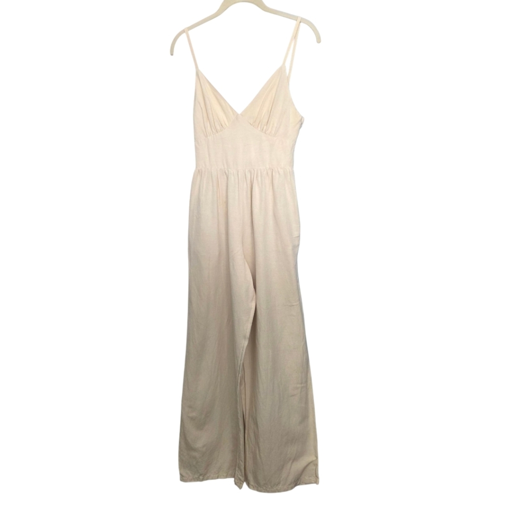 S Cream Oatmeal Linen Blend Jumpsuit Vacation Travel Quiet Luxury Minimal Chic - Picture 2 of 15